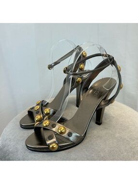 Gucci dark gray metallic chrome gold studded strappy high heel sandal pumps 39